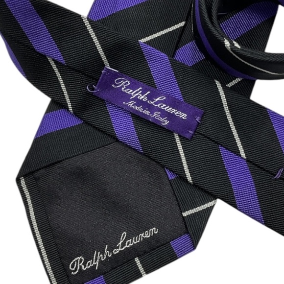 RALPH LAUREN PURPLE LABEL Black/Purple Striped Silk LUXURY Tie HANDMADE ITALY - Picture 3 of 6